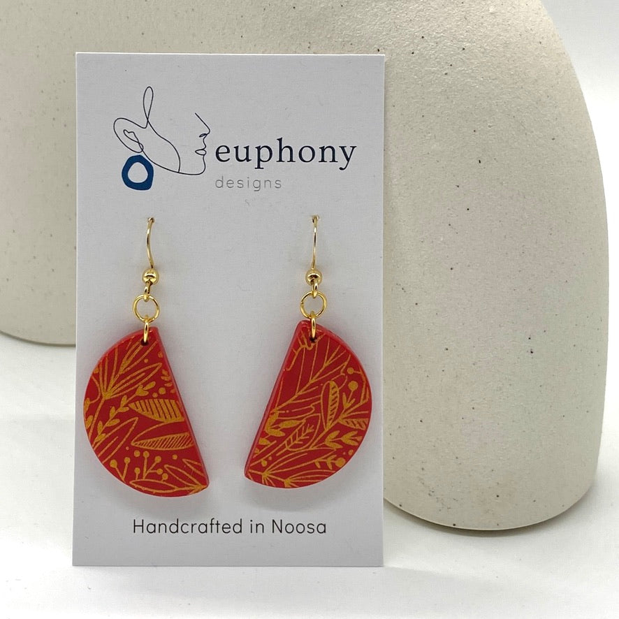 Gold Botanical on Red Half Moon Earrings