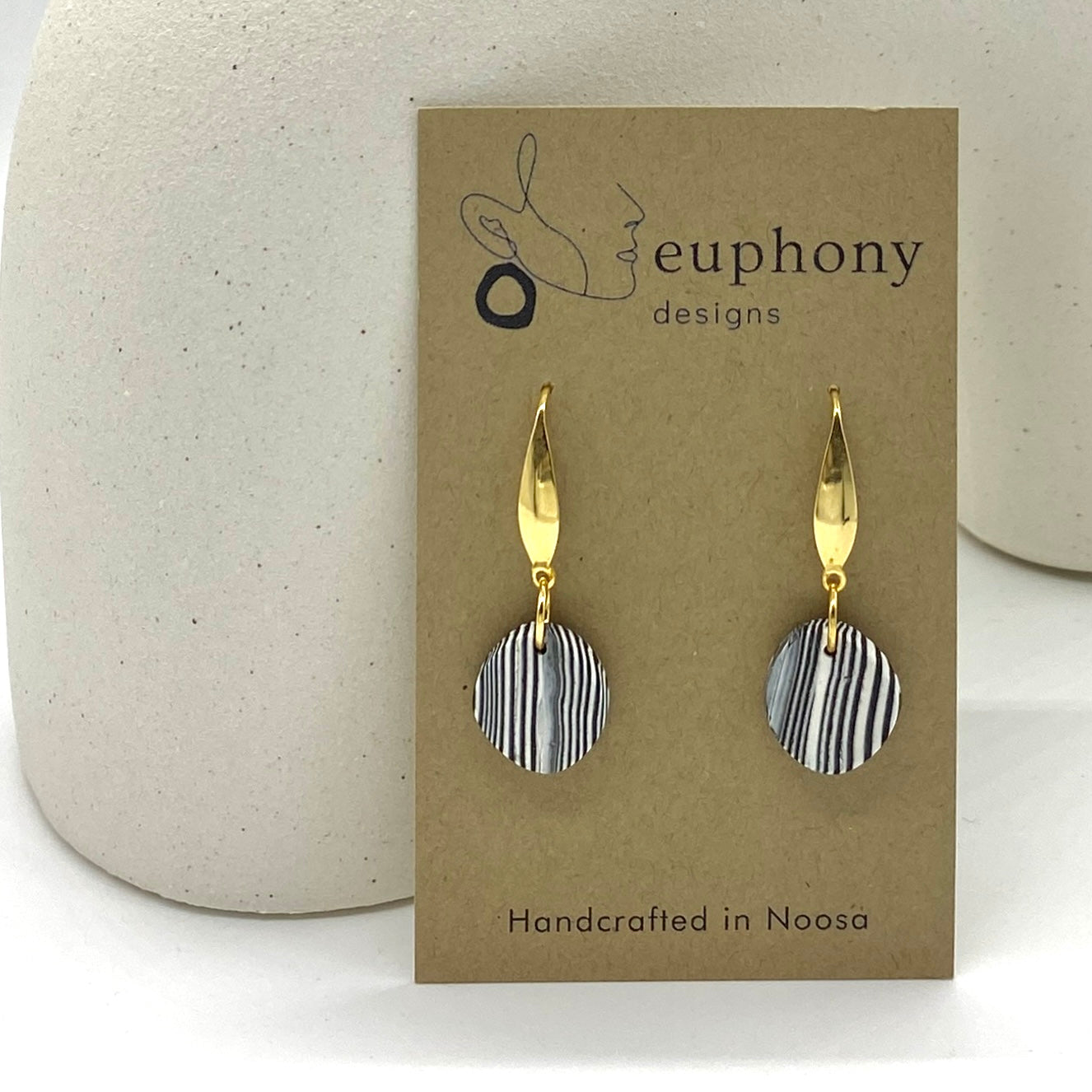 Gold Bar B&W Zebra Stripe Pebble Earrings