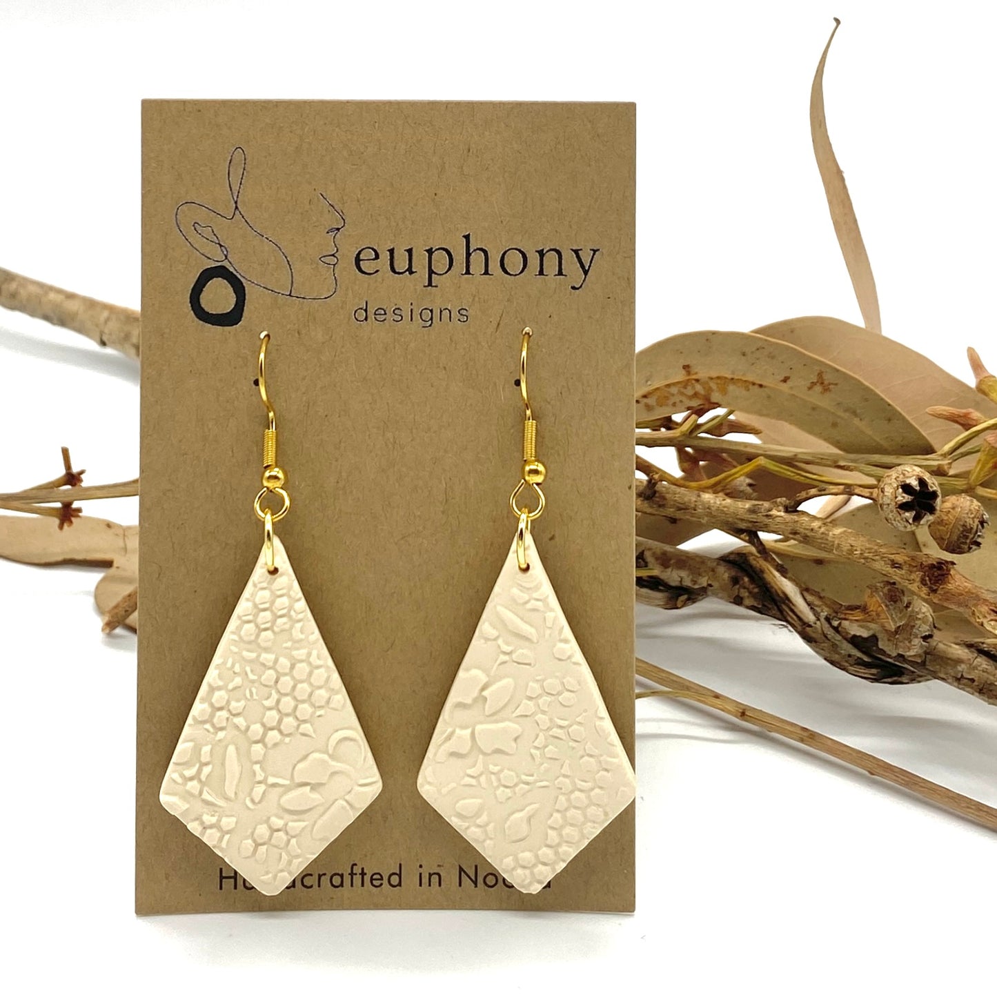 Light Eggshell Art Deco Kite Statement Earrings