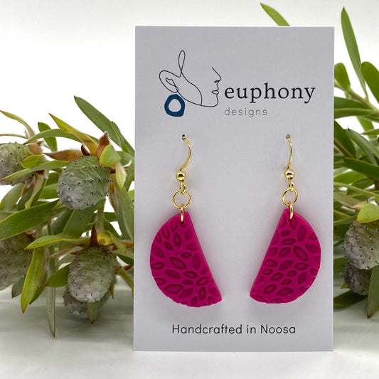 Fuchsia Petal Half Moon Dangle Earrings