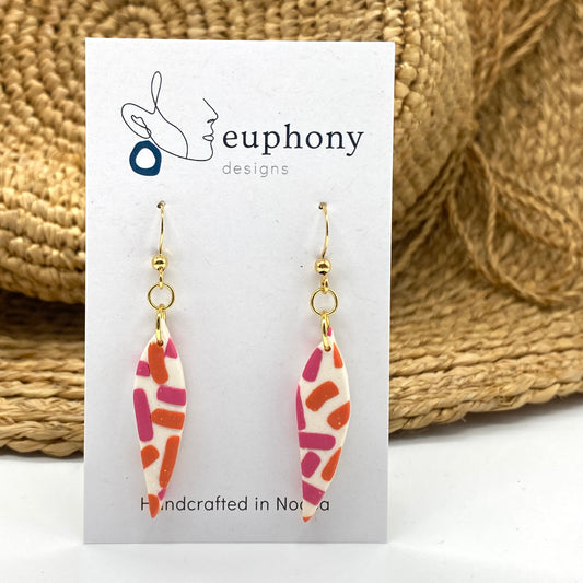 Orange Fuchsia Sprinkled Thin Leaf Earrings