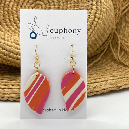 Orange Fuchsia Striped Large Leaf Earrings