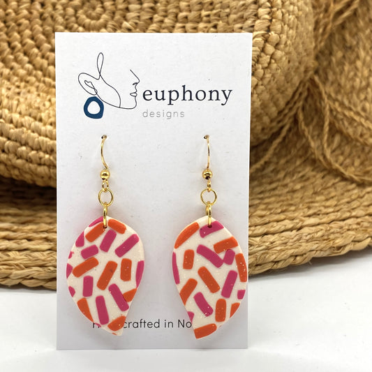 Orange and Fuchsia Sprinkled Large Leaf Earrings