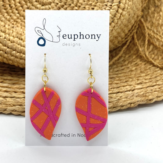 Orange and Fuchsia Lined Large Leaf Earrings