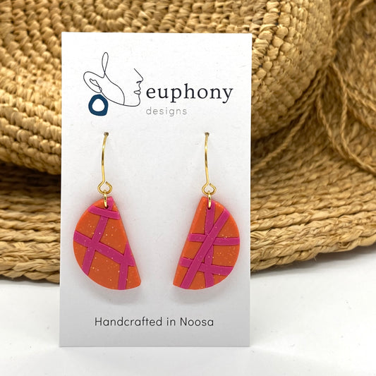 Orange Fuchsia Lined Half Moon Earrings