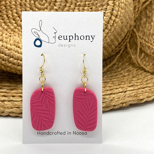 Fuchsia Palm Leaf Rounded Rectangle Earrings