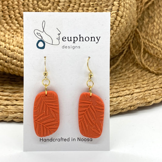 Orange Palm Leaf Rounded Rectangle Earrings