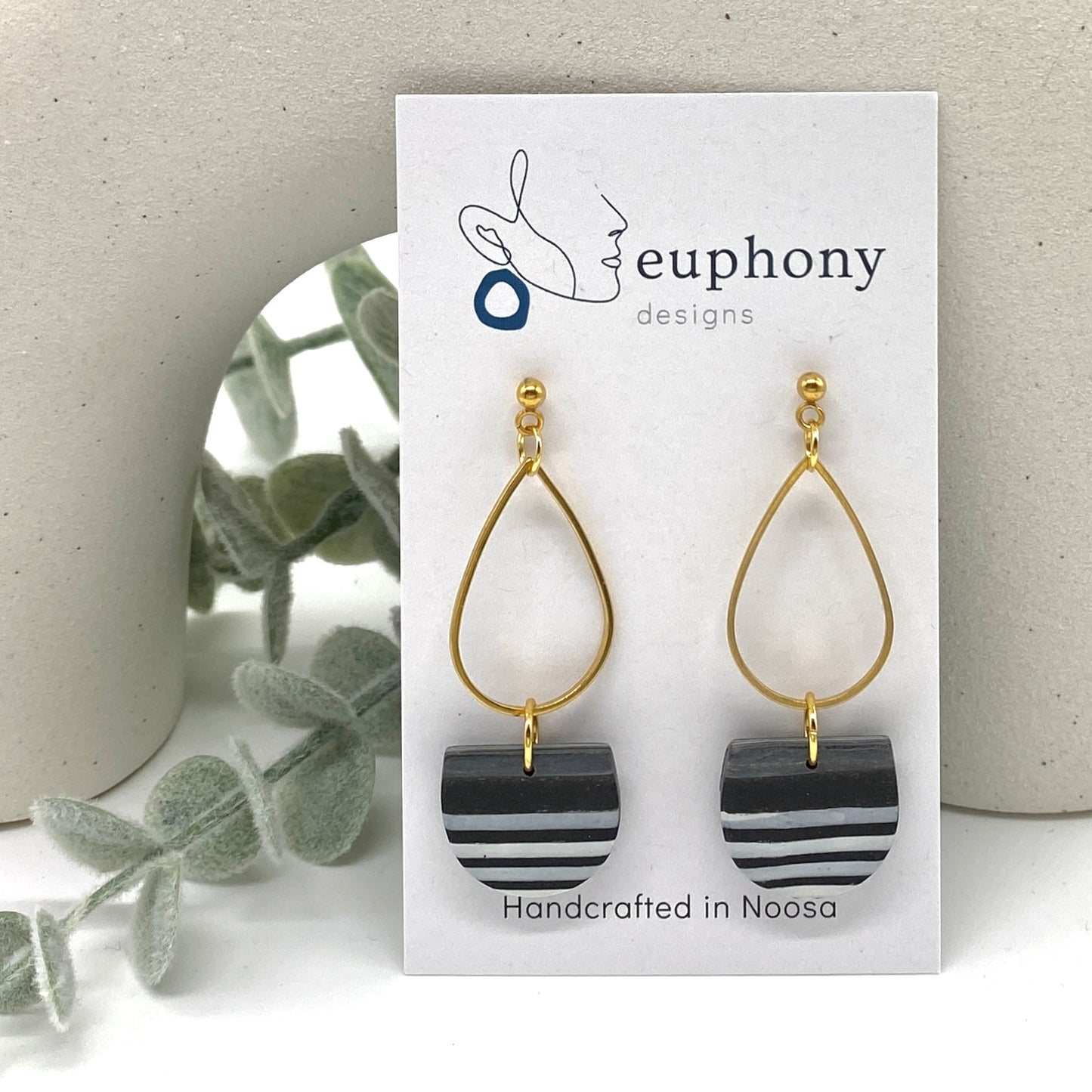 Gold Ball Tear Drop B&W Stripe Statement Earrings