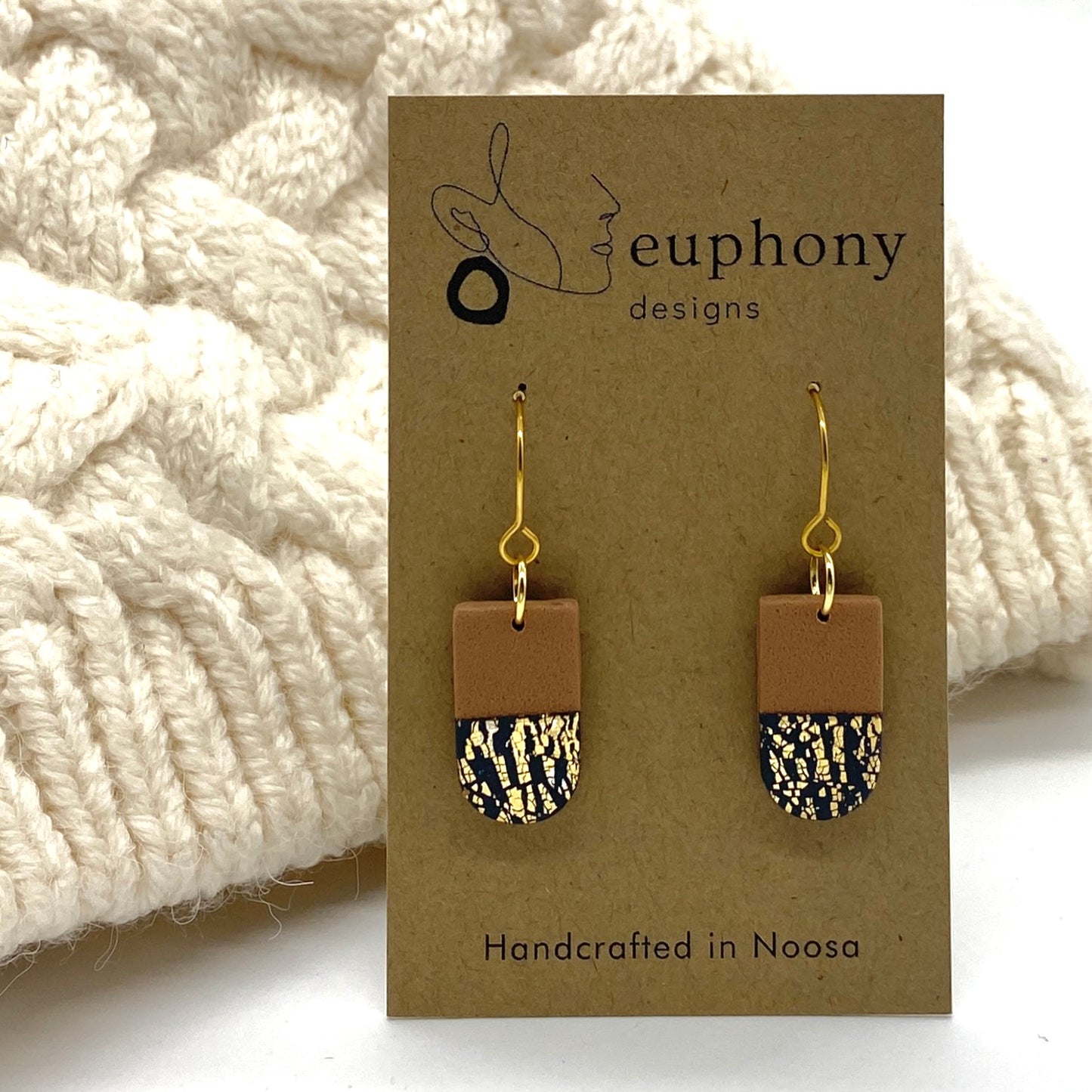 Light Brown Gold Fleck Navy Small Arch Earrings