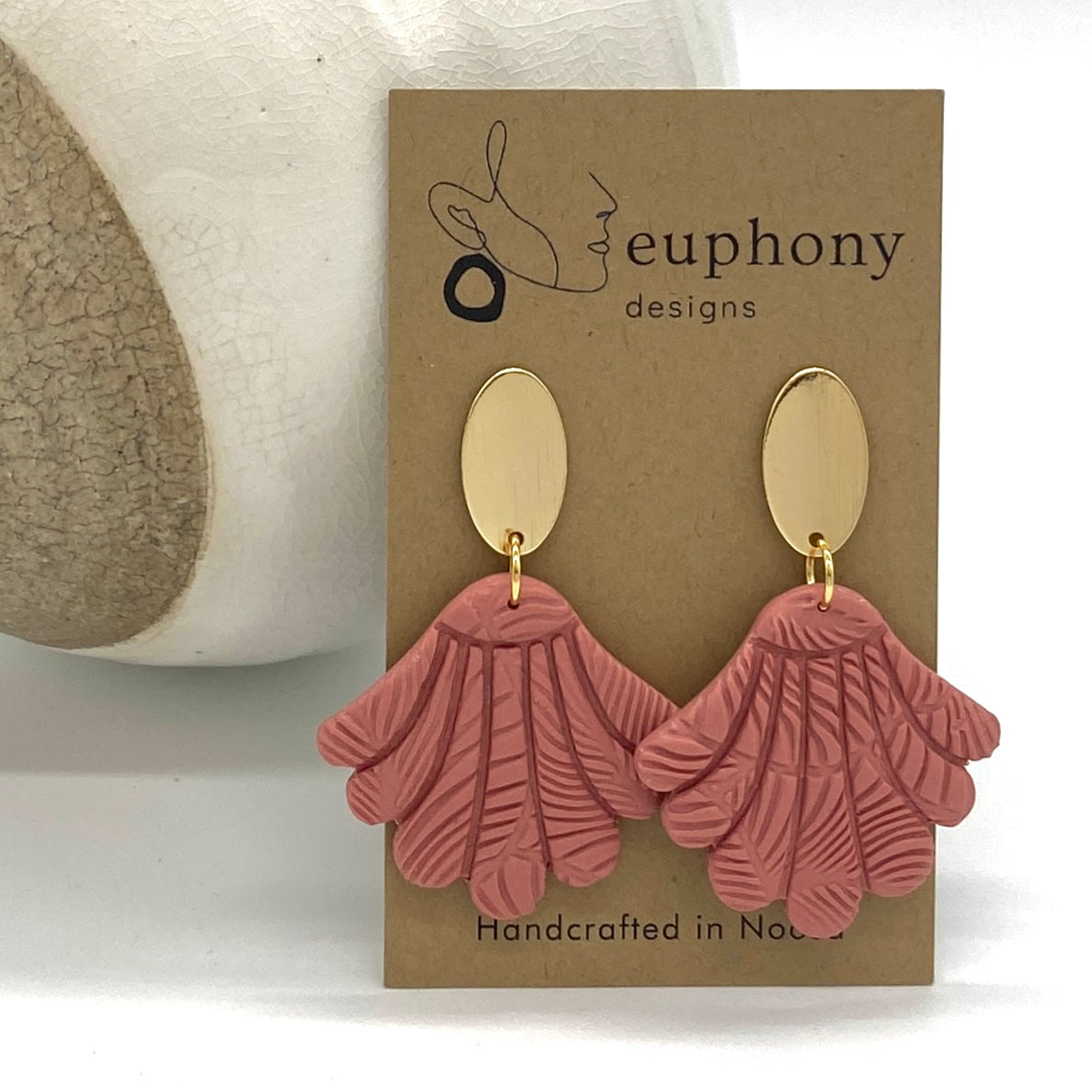 Brushed Gold Oval Stud Terracotta Shell Statement Earrings